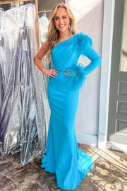 Blue Feather One-Sleeve Mermaid Long Prom Dress