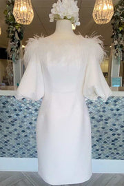 White Off-the-Shoulder Feathers Short Party Dress with Puff Sleeves
