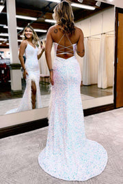 White Iridescent Sequins Feather Mermaid Long Prom Dress with Slit