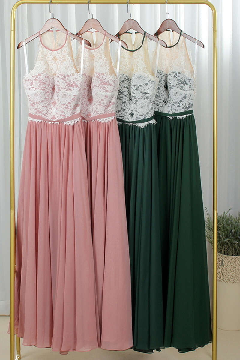 Pink Lace Pleated Long Bridesmaid Dress