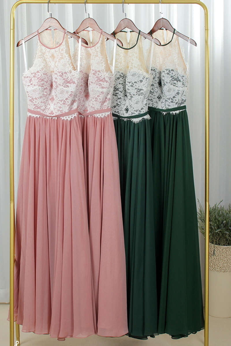 pink lace pleated dress Pink Lace Pleated Long Bridesmaid Dress – Modsele