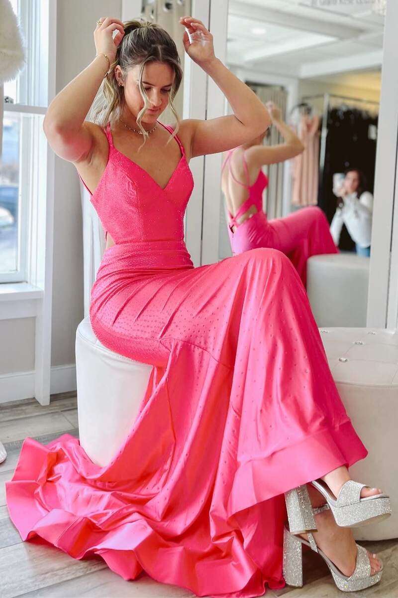 Hot Pink Double Straps Backless Trumpet Long Formal Dress