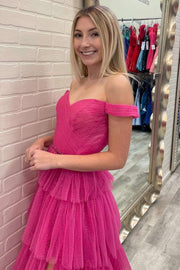 Neon Pink Off-the-Shoulder Multi-tiered Prom Dress