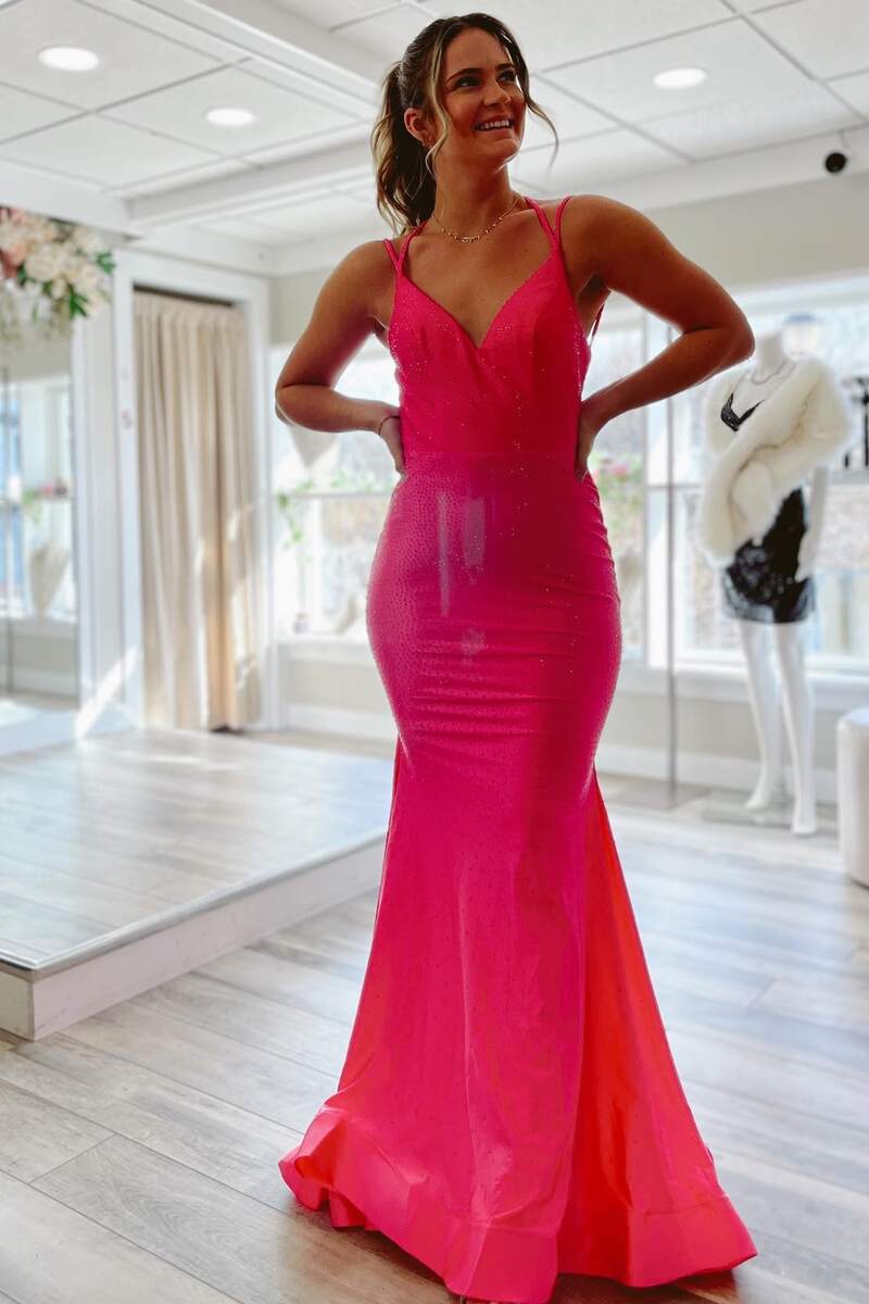 Hot Pink Double Straps Backless Trumpet Long Formal Dress