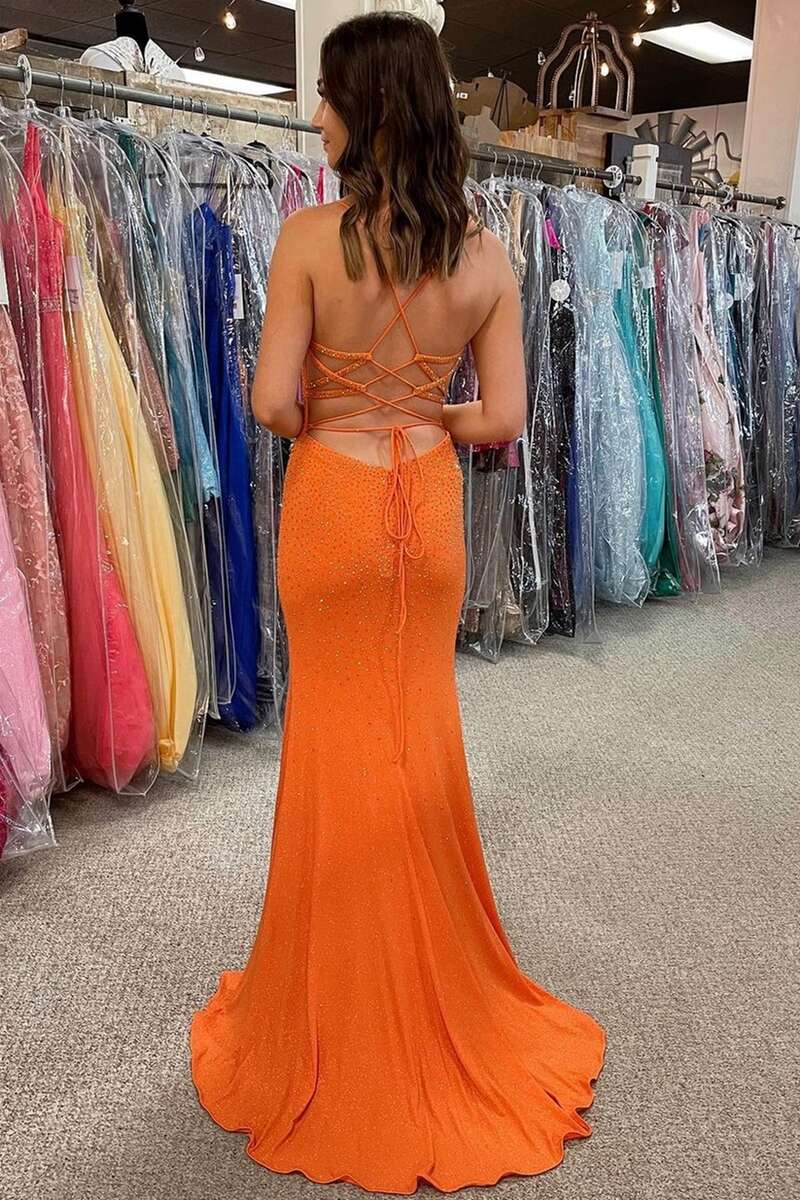 Orange Beaded Lace-Up Back Long Formal Dress with Slit