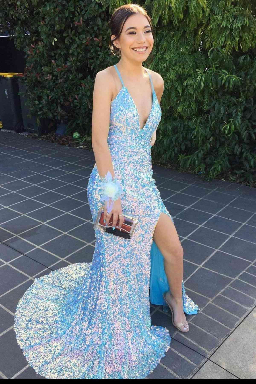 Iridescent Blue Sequin V-Neck Mermaid Long Formal Dress
