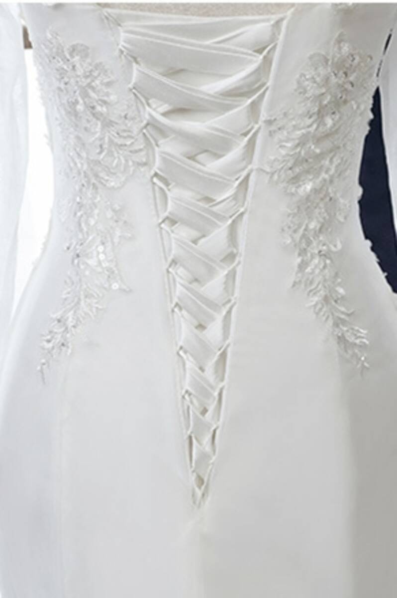 White Beaded Embroidered Round Neck Long Sleeve Wedding Dress