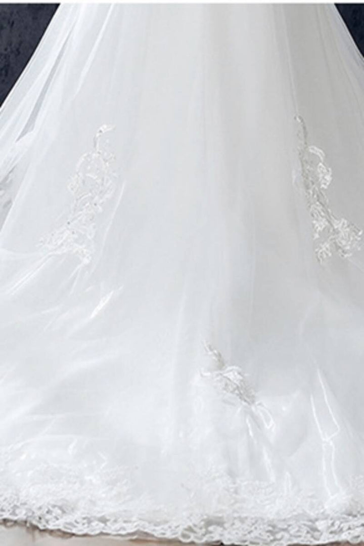 White Beaded Embroidered Round Neck Long Sleeve Wedding Dress