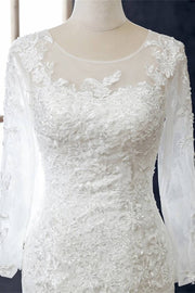 White Beaded Embroidered Round Neck Long Sleeve Wedding Dress