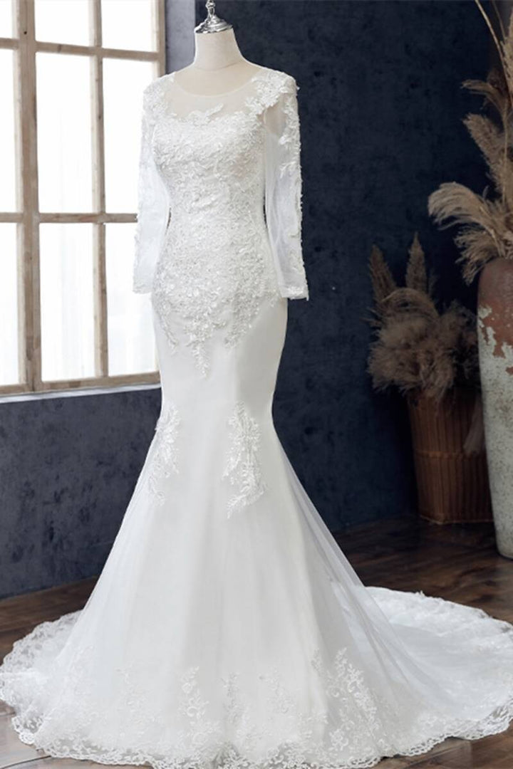 White Beaded Embroidered Round Neck Long Sleeve Wedding Dress