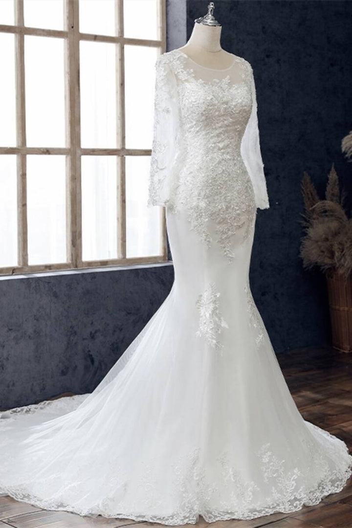 White Beaded Embroidered Round Neck Long Sleeve Wedding Dress