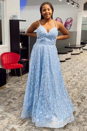 Light Blue Appliques Lace-Up Back A-Line Prom Dress