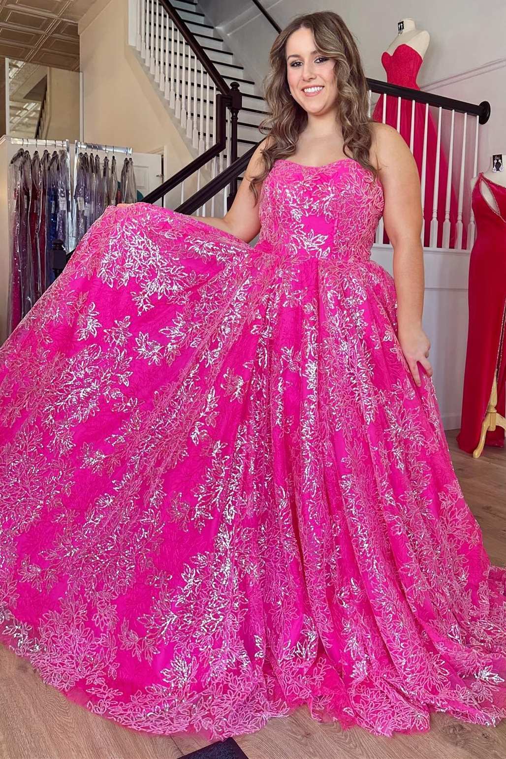 Hot Pink Sequin Strapless A-Line Prom Dress with Puff Sleeves