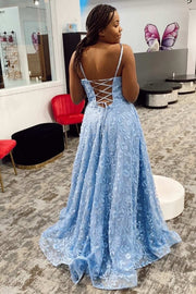 Light Blue Appliques Lace-Up Back A-Line Prom Dress