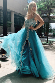 Turquoise Tulle Floral Appliques Sweetheart A-Line Prom Gwon