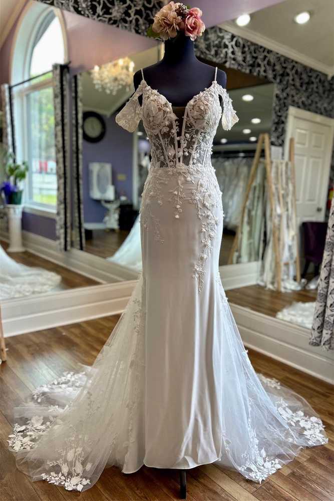 Ivory Off-the-Shoudler Applques Straps Sweeping Long Wedding Dress