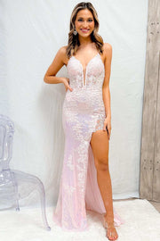 Pink Sequin Lace Split Neck Lace-Up Back Long Prom Dress with Slit