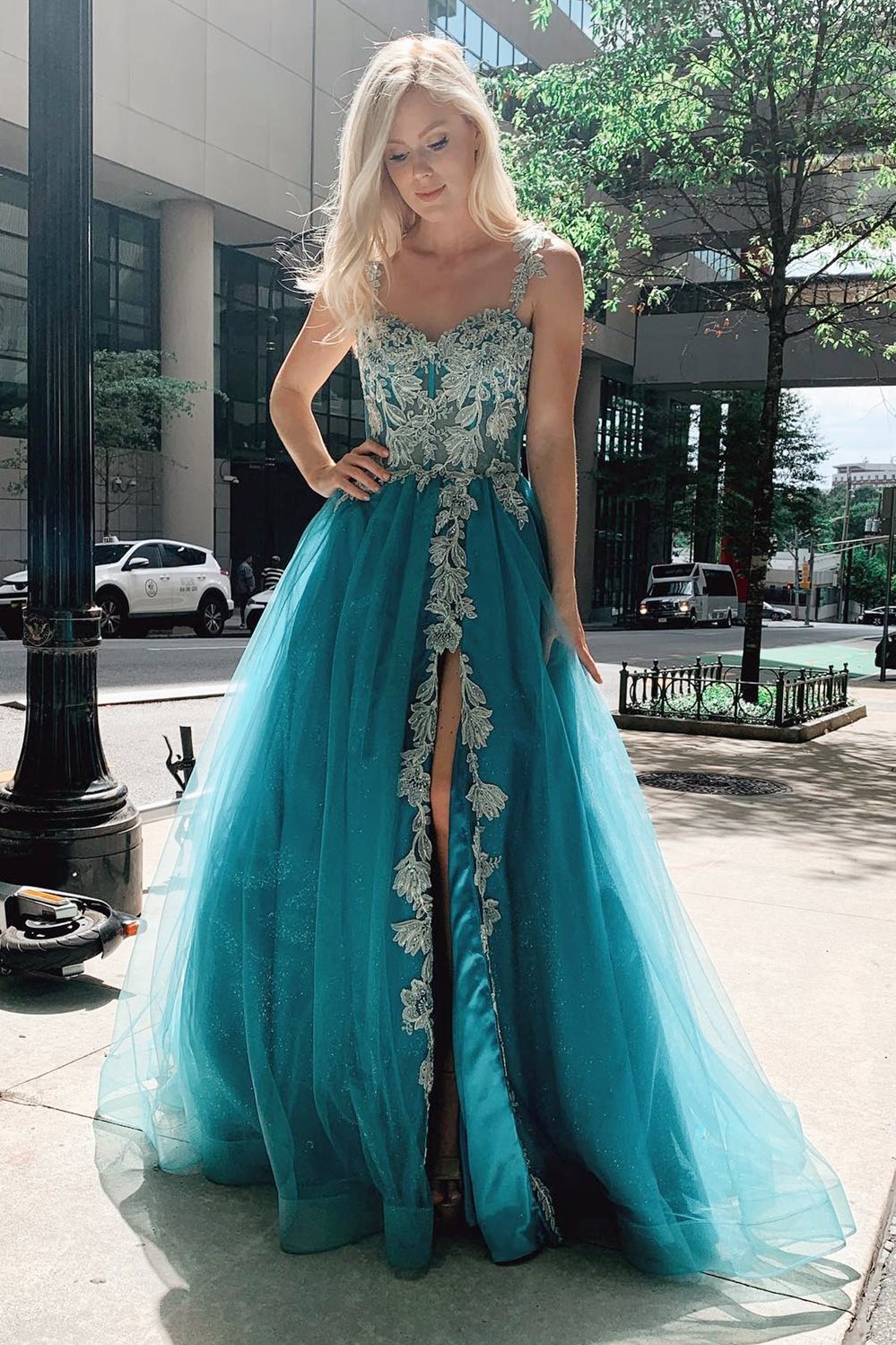 Turquoise Tulle Floral Appliques Sweetheart A-Line Prom Gown  Modsele