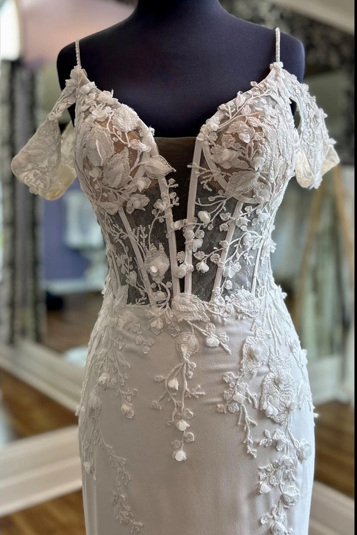 Ivory Off-the-Shoudler Applques Straps Sweeping Long Wedding Dress