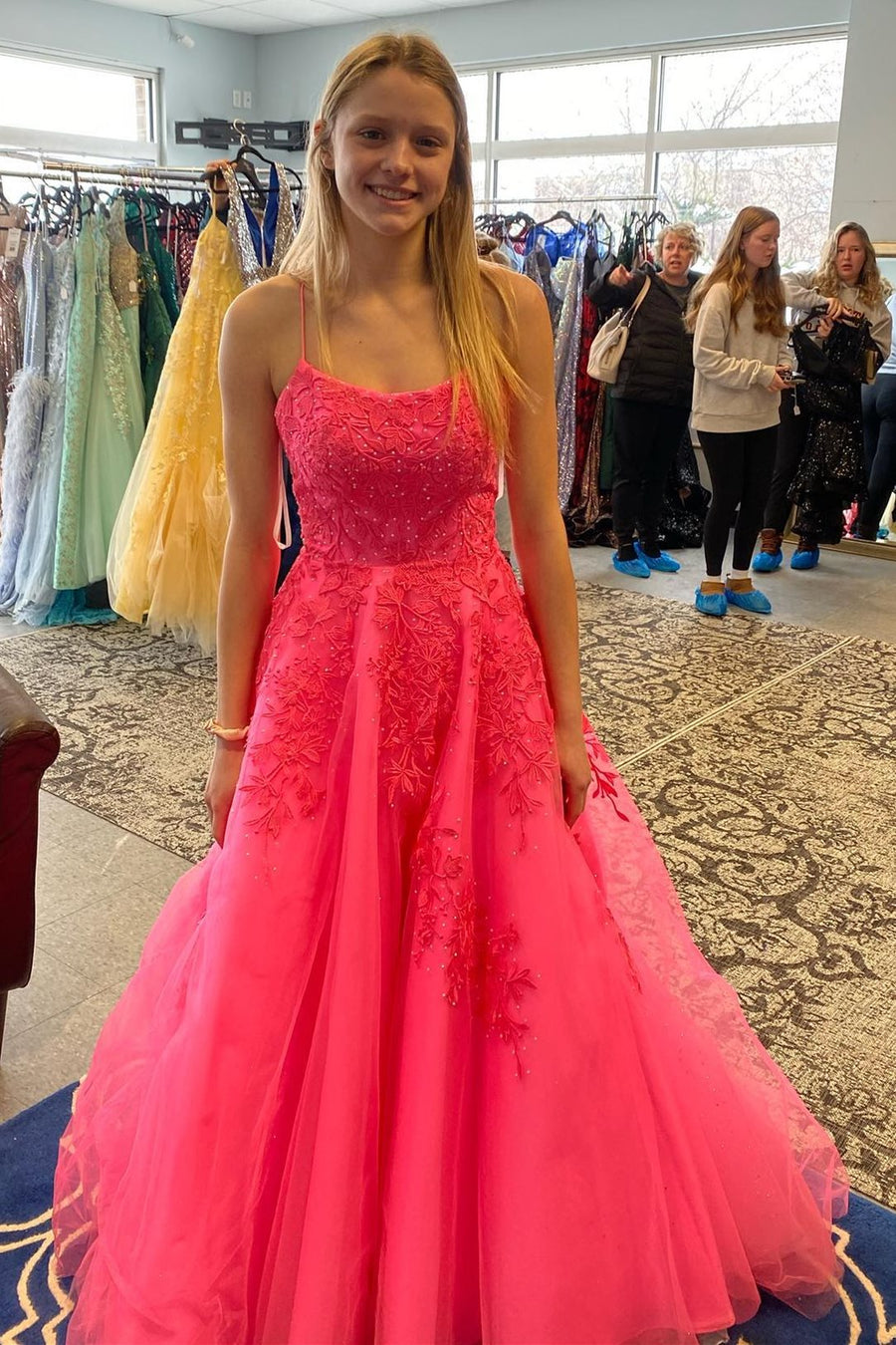 A-Line Hot Pink Applique Lace-Up Long Formal Dress Modsele A-Line Hot Pink Applique Lace-Up Long Formal Dress Modsele