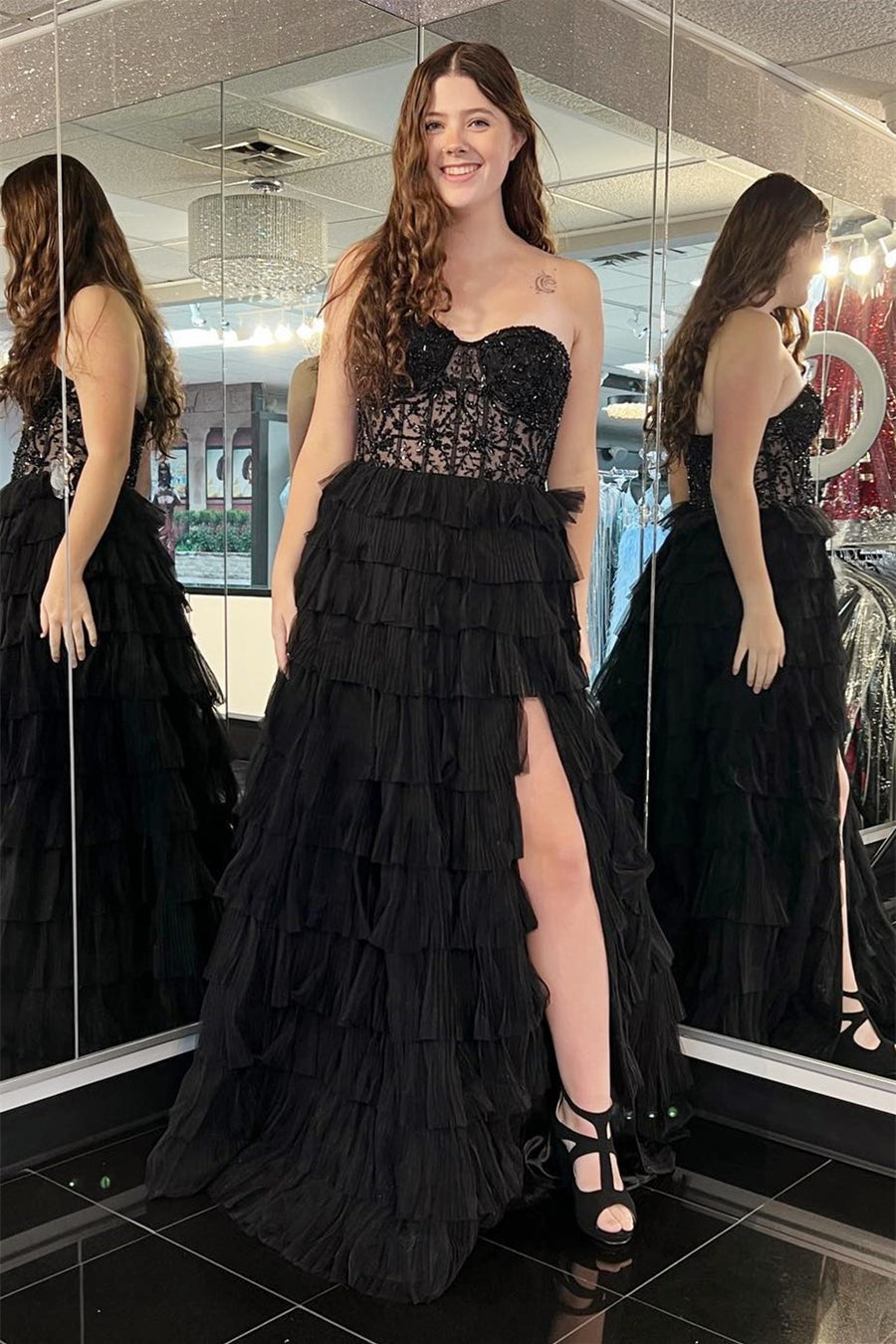 Black Strapless Appliques Multi-Layers Long Prom Dress with Slit