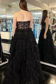 Black Strapless Appliques Multi-Layers Long Prom Dress with Slit