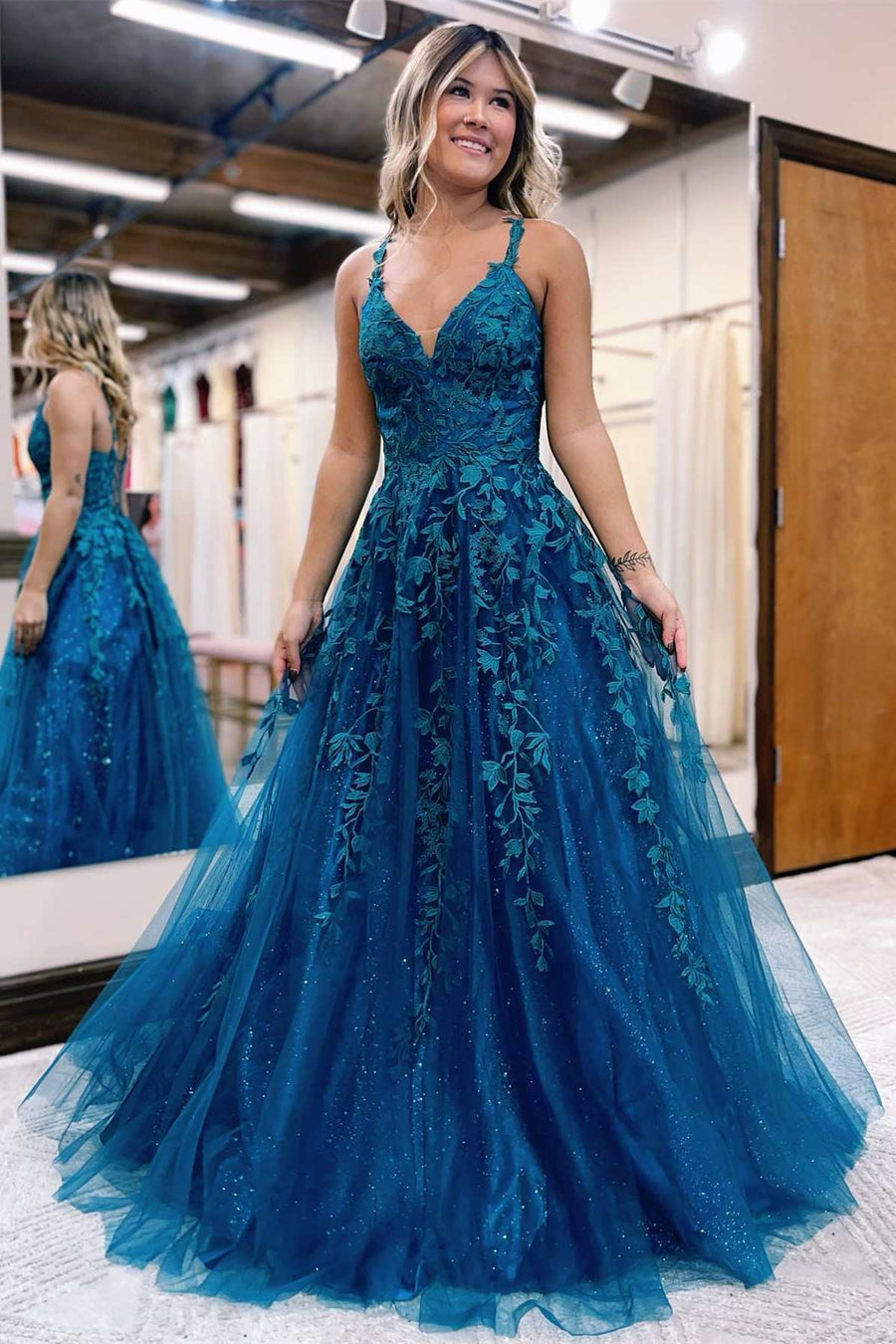 Prussian Blue Applique V-Neck Lace-Up A-Line Prom Dress Modsele Prussian Blue Applique V-Neck Lace-Up A-Line Prom Dress Modsele