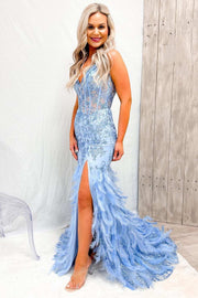 Blue Tulle Sequin V-Neck Mermaid Long Prom Gown with Feathers
