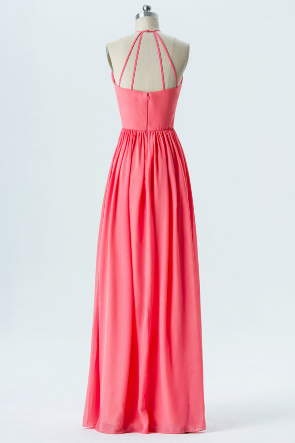 Hot Pink Halter Backless Bridesmaid Dress