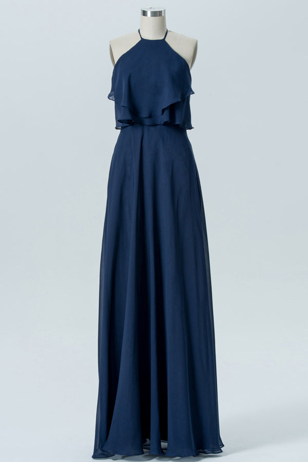 Navy Blue Halter Neck High Low Tea Length Bridesmaid Dresses
