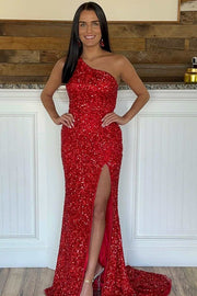 Red Sequin One-Shoulder Long Formal Dress with Attached Train