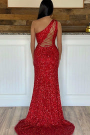 Red Sequin One-Shoulder Long Formal Dress with Attached Train