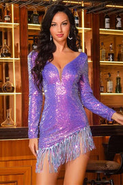 Purple Sequin V-Neck Long Sleeve Fringes High-Low Cocktail Dress