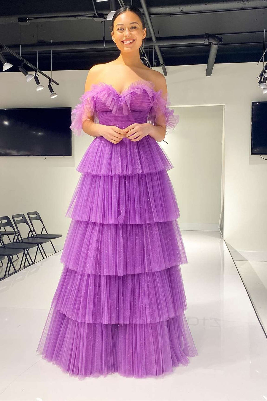 Purple Off-the-Shoulder Multi-Tiered Long Prom Gown