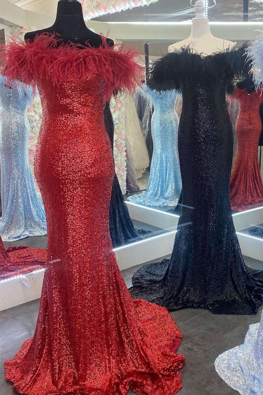 Red Sequin Off-the-Shoulder Feathers Mermaid Long Prom Gown