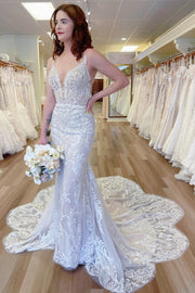 Off-white Lace V-Neck Backless Mermaid Long Wedding Dress