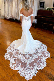 White Lace-Trimmed Off-the-Shoulder Mermaid Long Wedding Dress