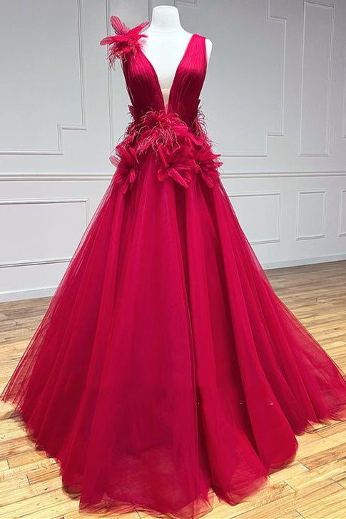 A-Line Red Plunging Neck Long Prom Dress with Floral Appliques