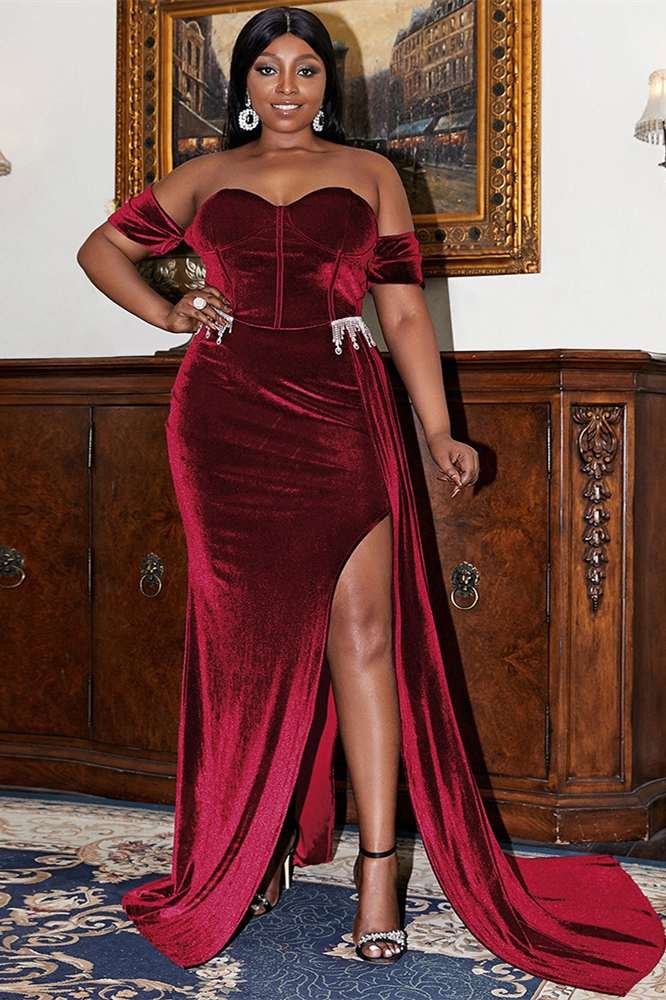 Plus Size Velvet Off-the-Shoulder Long Dress with Attached Train