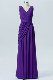 Purple Chiffon V-Neck Sleeveless Bridesmaid Dress