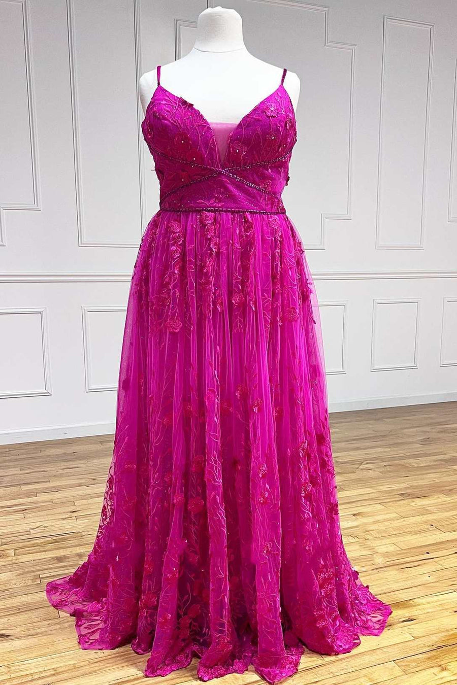 Magenta Floral Lave V-Neck A-Line Prom Dress