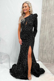 Black Sequin One-Sleeve Mermaid Long Prom Dress with Slit
