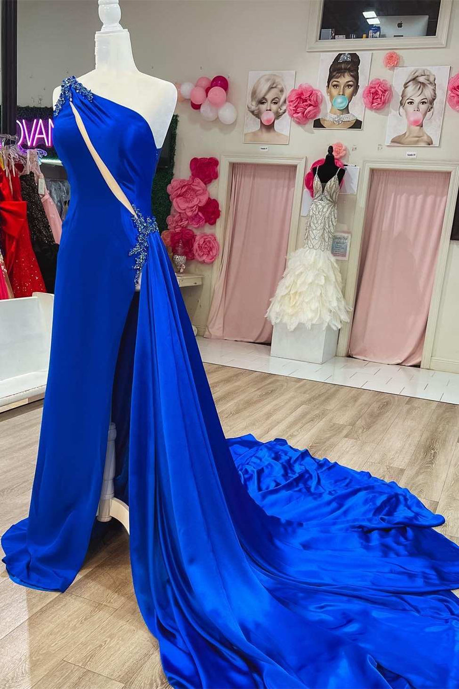 Royal Blue Beaded Keyhole Long Formal Dress with Attached Train