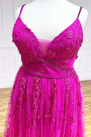 Magenta Floral Lave V-Neck A-Line Prom Dress