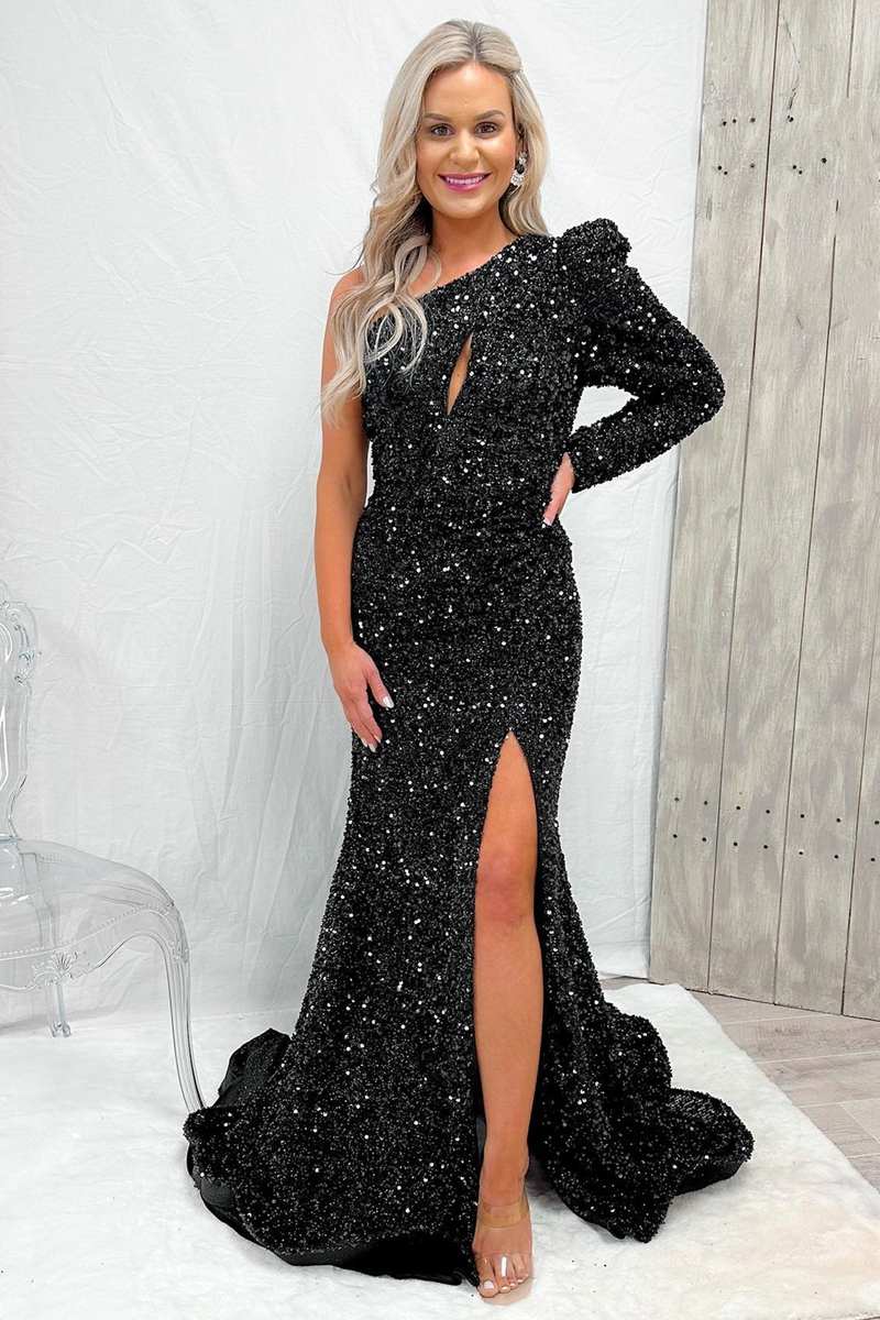 Black Sequin One-Sleeve Mermaid Long Prom Dress with Slit