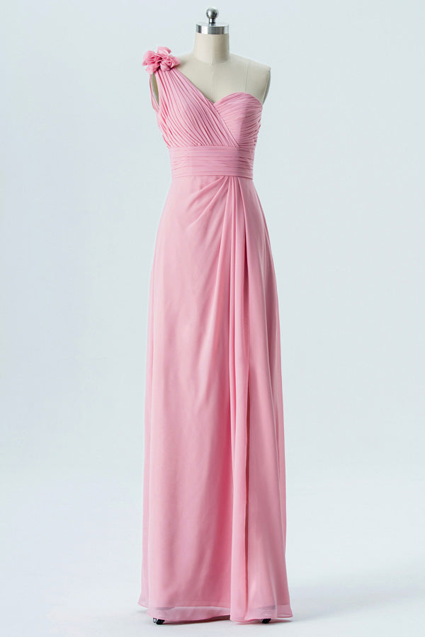 Pink One-Shoulder Flower Bridesmaid Dress