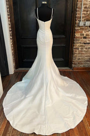 Elegant White Split Neck Trumpet Long Wedding Dress