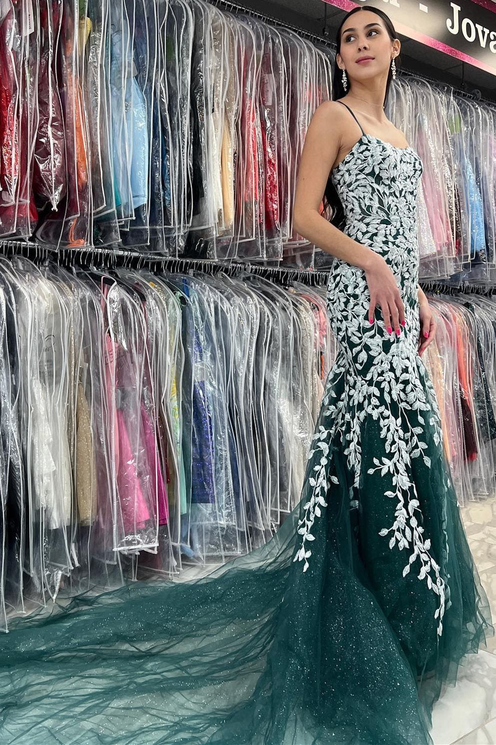 Hunter Green Straps Trumpet Long Formal Dress with White Appliques Modsele Hunter Green Straps Trumpet Long Formal Dress with White Appliques Modsele