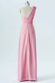 Pink One-Shoulder Flower Bridesmaid Dress