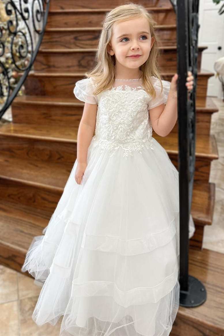 White Round Neck Puff Sleeve A-Line Flower Girl Dress Modsele White Round Neck Puff Sleeve A-Line Flower Girl Dress Modsele